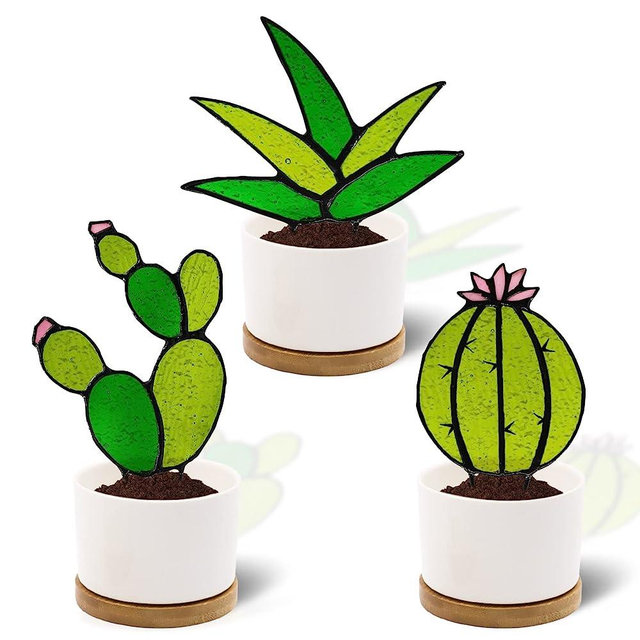 Tuitessine Succulent Plant Stained Glass Cactus Glass Decor (No Pot), Cacti Suncatcher Desk Windowsill Shelf Decor Handmade Double Side Light Transmission Plant Lover Gifts for Mom, Grandma, Teacher