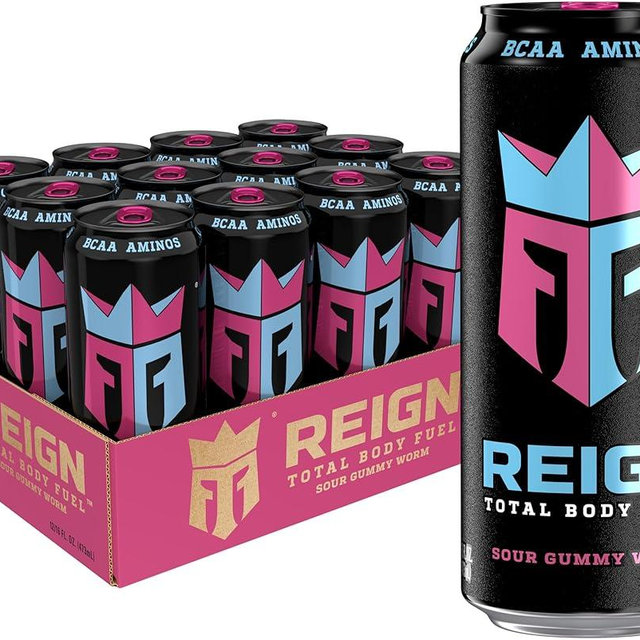 Reign Total Body Fuel, Sour Gummy Worm, Fitness & Performance Drink, 16 Fl Oz (Pack of 12)