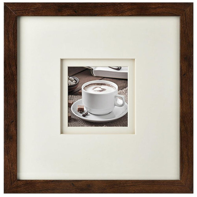 Yaetm 10x10 Square Picture Frame Matted to 4x4, Double Floating Ivory Mat, Brown Wood Grain Photo Frame with Polished Tempered Glass for Wall Gallery, Home and Office, Wall Mounting, Single
