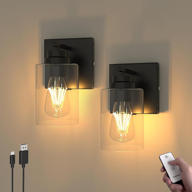 ThyFenno Battery Operated Wall Sconce with Remote Control, Dimmable Wall Lamp Set of Two No Wired, Rechargeable Cordless Wall Light Fixtures for Bedroom Living Room Bathroom Hallway Farmhouse, Black