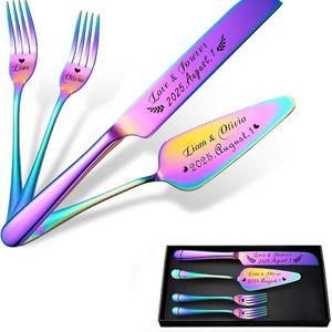 QYH Personalized Cake Cutting Set for Wedding with Name Date – 4-Piece Stainless Steel Set with Forks, Engagements, Anniversaries, Birthdays, Wedding Gifts for Couples Bride Groom Lover (Multi-color)