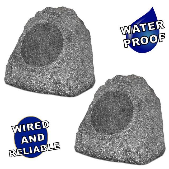 Theater Solutions 2R8G Outdoor Granite 8" Rock 2 Speaker Set for Deck Pool Spa Yard Garden, Granite Grey