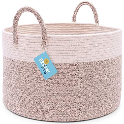 OrganiHaus XXL Extra Large Cotton Rope Basket | 20"x13.5" Blanket Storage Basket with Long Handles | Decorative Clothes Hamper Basket | Baby and Kids Room Toy Bin | Blanket Basket