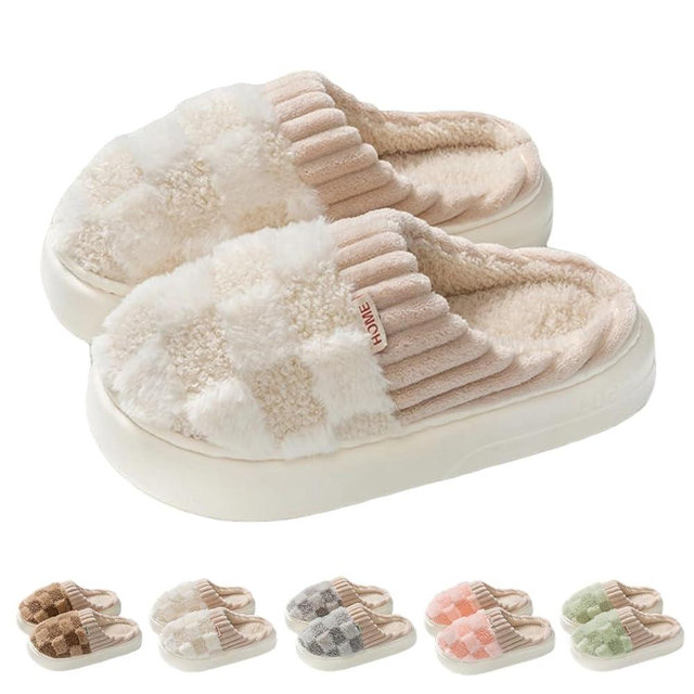 VTTDB Checkered Slipper House Slippers for Women Men Plush Warm Fuzzy Slippers Flyffy Bedroom Shoes Indoor Slip On