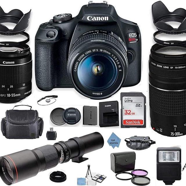 Canon EOS Rebel 2000D DSLR Camera with 18-55mm is II Lens Bundle + Canon EF 75-300mm f/4-5.6 III Lens and 500mm Preset Lens + 32GB Memory + Filters + Monopod + TOP KNOTCH Cloth (Renewed)