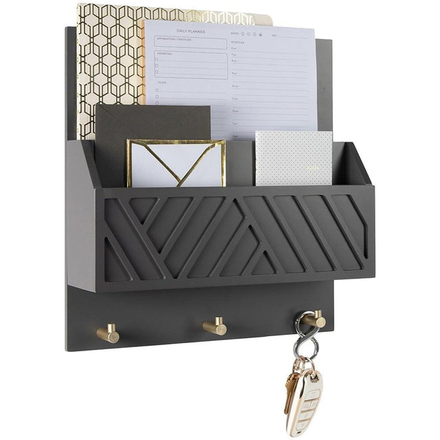 Mail Organizer Wall Mounted - Grey Wood Wall Mount Mail Holder Modern Keys Holder - 2 Tiered Wall Mail Organizer - Key Hanger Wall Mount Mail Holder for Wall - Hanging Mail Organizer Wall Mail Holder