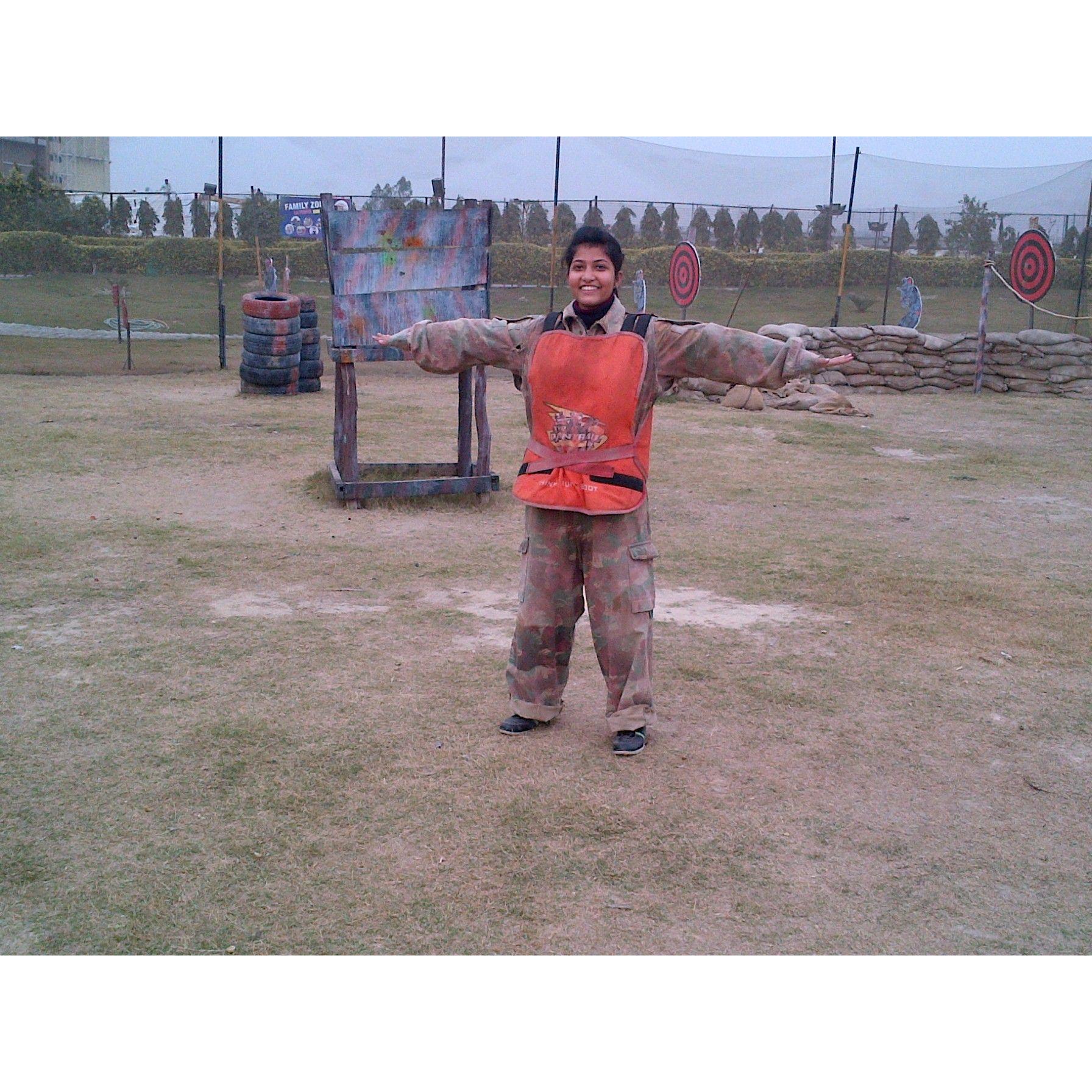 She won at Paintball! Because she did not leave her hidden spot for the whole match