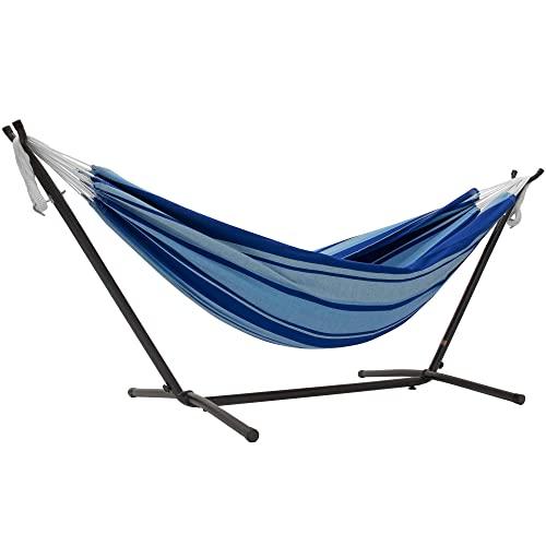 Vivere UHSDO9-39 Double Cotton Hammock with Space Saving Steel Stand, 450 lb Capacity- Premium Carry Bag Included, Island Breeze