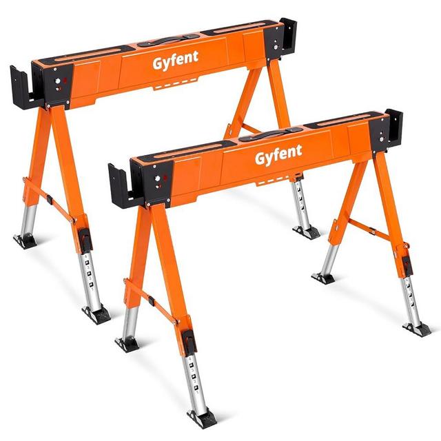 Gyfent Saw Horses 2 Pack, 4400Lbs Load Capacity Saw Horse Folding Heavy Duty Sawhorses 21-34in Adjustable Height Professional Saw Horse with 2x4 Bracket for Woodworking Carpenters Contractors, Orange