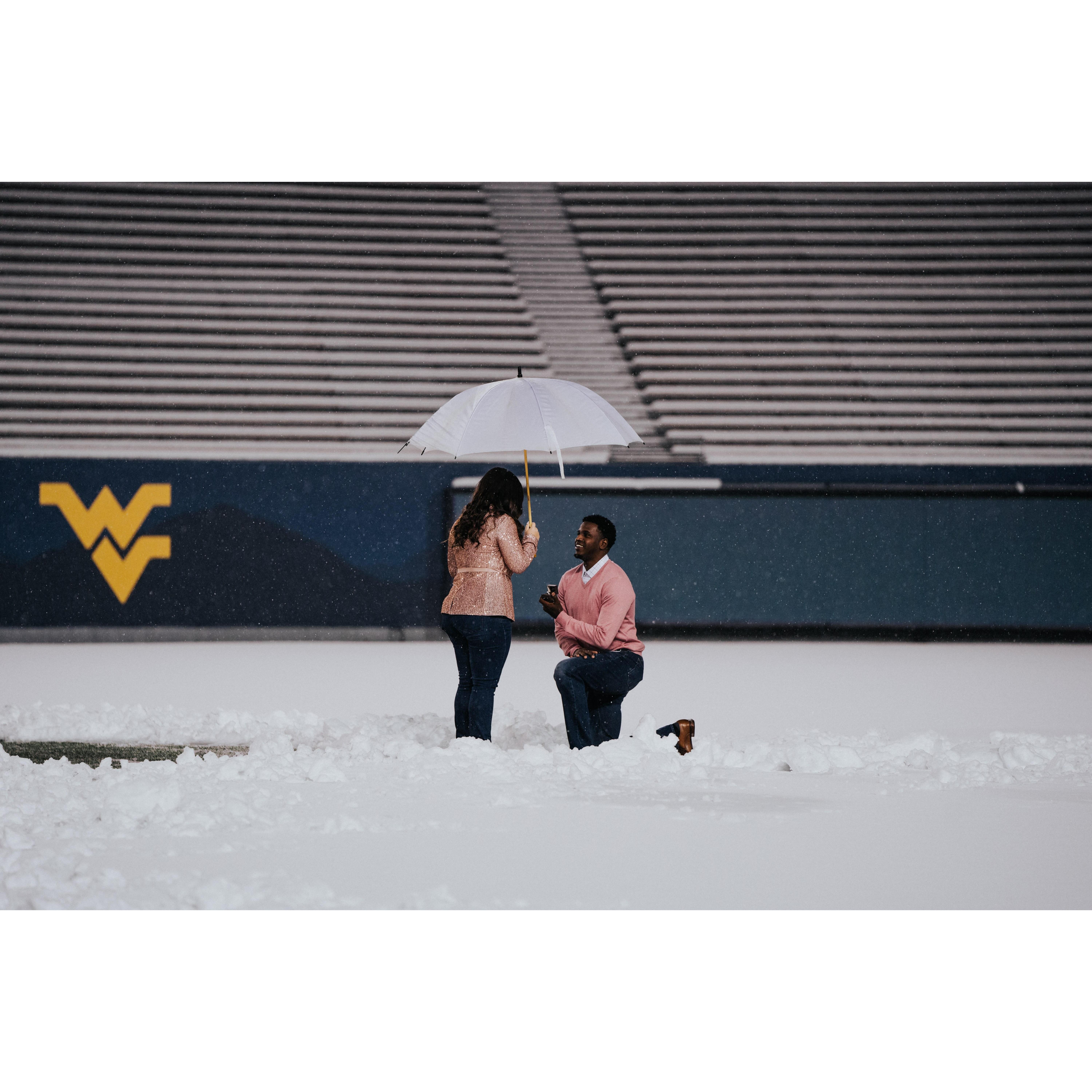 12/17/2020 - When He proposed in the WVU Football stadium in inches of snow!