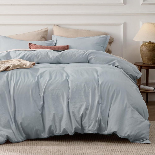Bedsure 100% Stone Washed Cotton Duvet Cover Queen - Cornflower Blue Minimalist Duvet Cover Linen Like - 3 Pieces Plain Simple Duvet Cover Set with 2 Pillow Shams (Cornflower Blue, Queen, 90"x90")