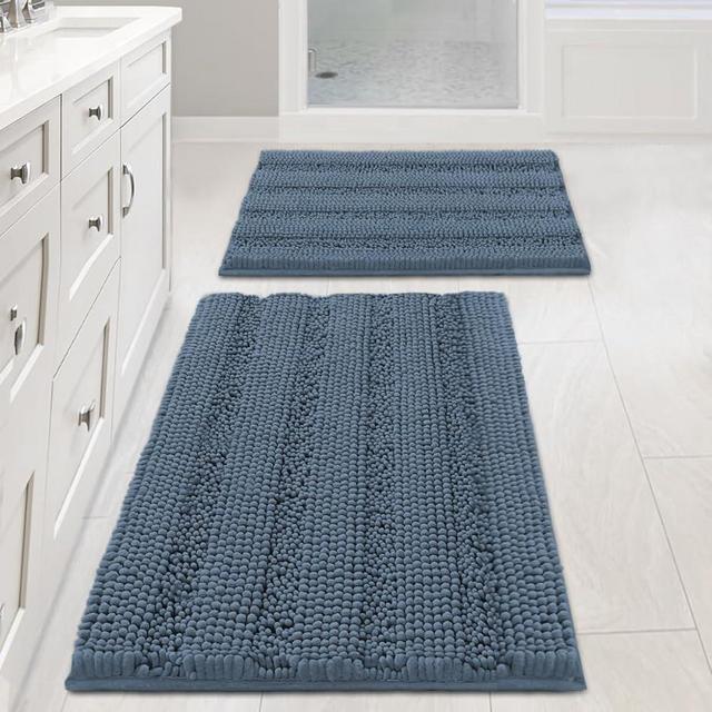 H.VERSAILTEX Bathroom Rug Sets 2 Piece Bath Mats Non Slip Thick Soft Chenille Striped Bath Rug achine Washable Shower Floor Rugs for Tub, Shower and Floor (Blue Indigo, 20" x 32"/17" x 24")