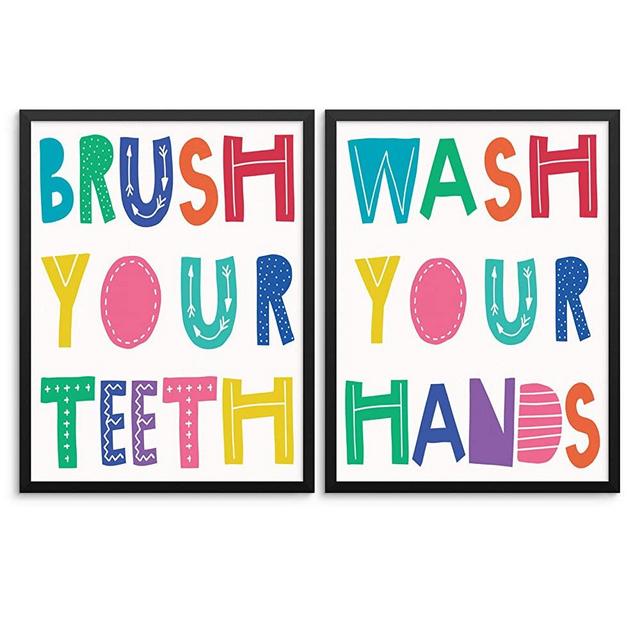 Kids Bathroom Wall Decor Poster Set Brush Your Teeth Wash Your Hands Signs UNFRAMED Boys Girls Colorful Art Prints for Childrens Bedroom or Classroom (11"x14", MULTICOLOR)