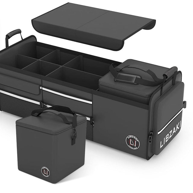 LIBZAKI Oversize 4 in 1 Car Trunk Storage Organizer, Multi Compartment Collapsible Trunk Storage Box with Cooler Bag for Car Truck SUV-Black