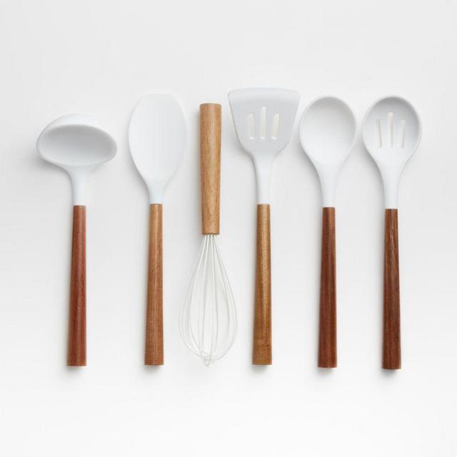 White Silicone Utensils with Acacia Wood Handles, Set of 6