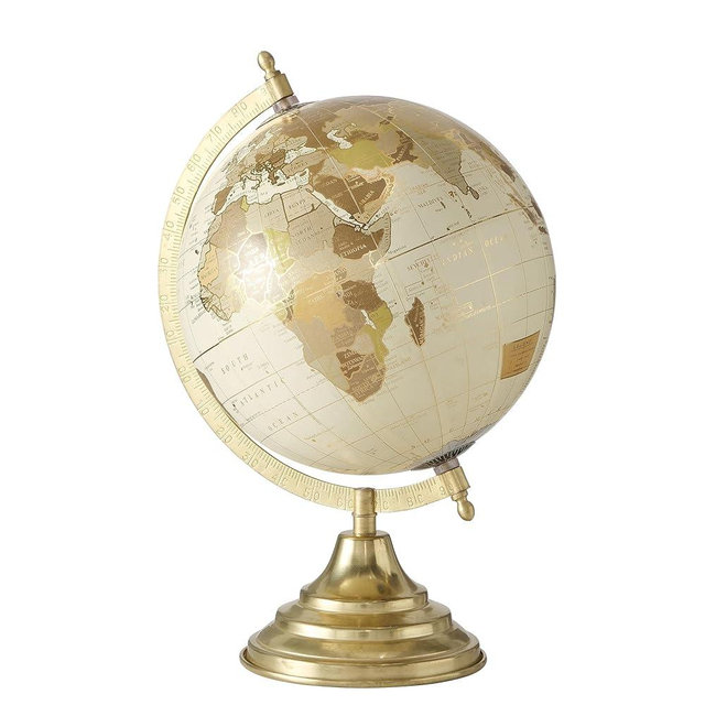 Explorers Globe, Incised Details, Ivory, Beige With Gold Accents, Mapped with Locations, Longitudes and Latitudes, Resin, Crescent Stand Mounted, Circular Gallery Base, 12.2 Inches Tall