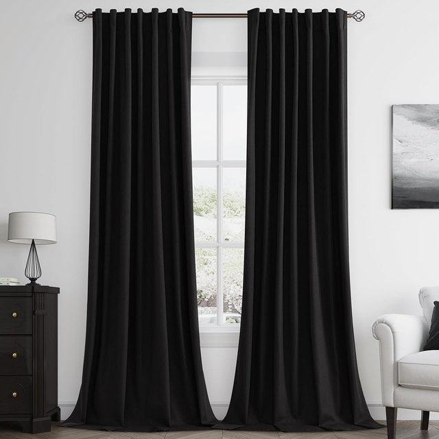Guken Black 100% Blackout Curtains 108 Inch Length 2 Panels Set for Living Room Bedroom Back Tab Thermal Insulated Black Out Linen Drapes Room Darkening Window Curtains 52x108