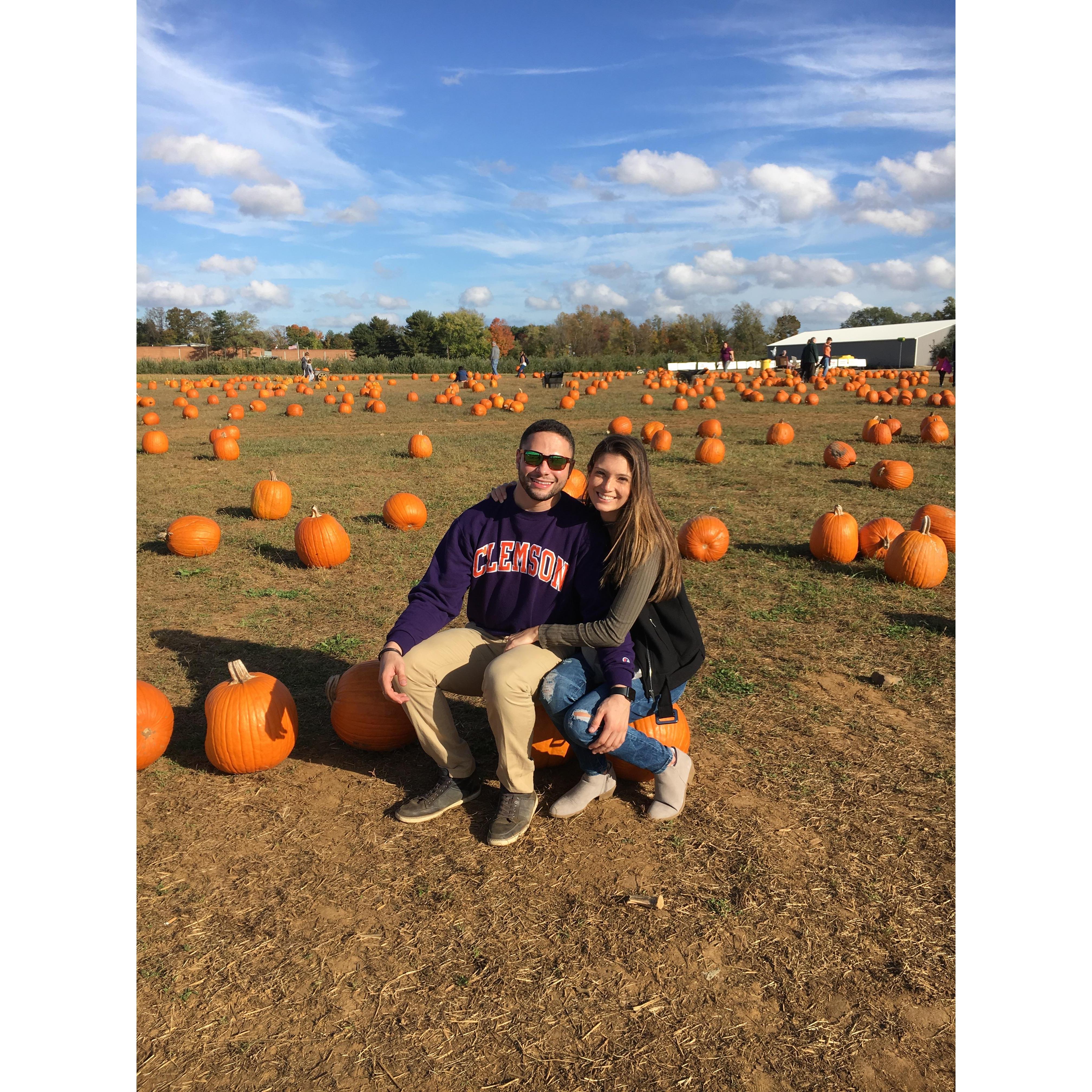 Alex asked me to be his girlfriend by bringing the pumpkin patch to my house in Clemson at the time. Since then, we have always gone and gotten at least one pumpkin a season.