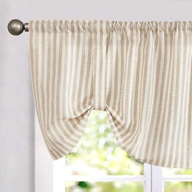 jinchan Tie Up Linen Textured Striped Bow Tie Curtain for Kitchen Bathroom Rod Pocket Pinstripe Valance Window Treatments Ticking Stripe Pull Cord Valance 1 Panel 18 Inch Tan on Beige