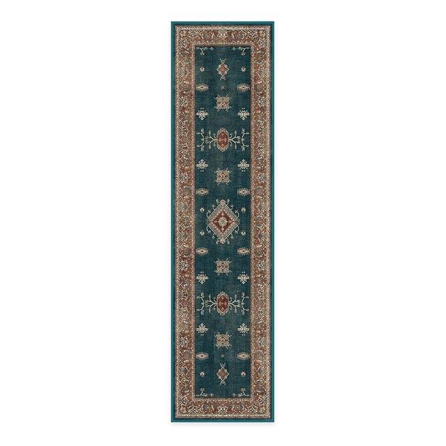 RUGGABLE Verena Washable Runner Rug - 2.5x10 Rug - Vintage Rug for Entryway, Hallway, Kitchen, Living Room, and Bedroom - Non-Slip Pad - Stain & Water Resistant (Cushioned Pad) - Teal Blue 2.5’x10’