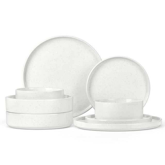 Herogo 8 Piece Dinnerware Sets with Pasta Bowls for 2, Dinner Salad Plates and Cereal Serving Bowls, Stoneware Dishes Dinner Ware for Kitchen Dinning, Chip & Scratch Resistant Dishware, Speckled White