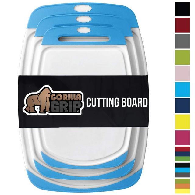 GORILLA GRIP Original Reversible Cutting Board, 3 Piece, BPA Free, Dishwasher Safe, Juice Grooves, Larger Thicker Boards, Easy Grip Handle, Non Porous, Extra Large, Kitchen, Set of 3, Aqua
