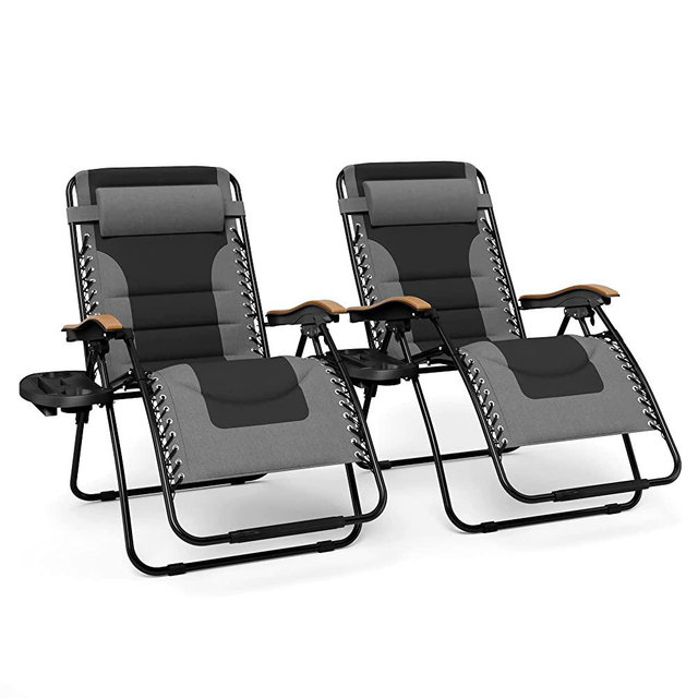 MFSTUDIO Zero Gravity Chairs Set of 2, XL Oversized Outdoor Anti Gravity Chair, Patio Lounge Folding Adjustable Chair with Cup Holder & Padded Headrest, Support 400lbs,Grey