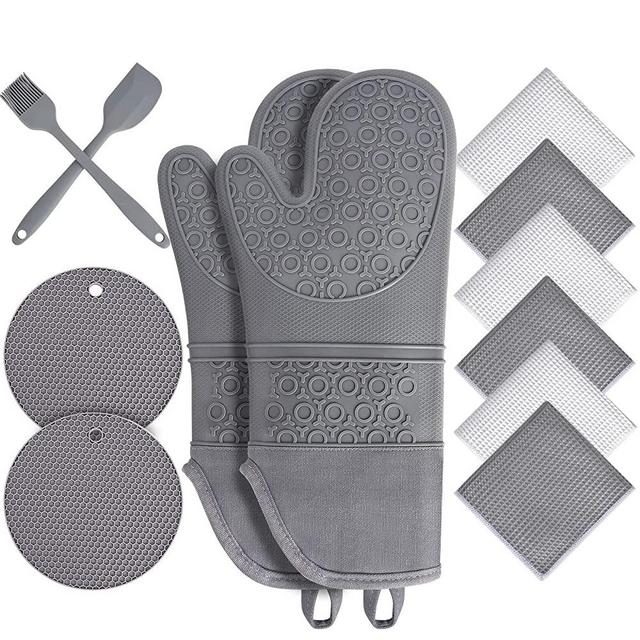 Oven Mitts and Pot Holders 12pc Sets,Extra Long Silicone Oven Mitts with Soft Cotton Lining ,500℉ Heat Resistant Non-Slip Flexible Oven Gloves ,Pot Holders and Kitchen Towels for Kitchen (Gray)