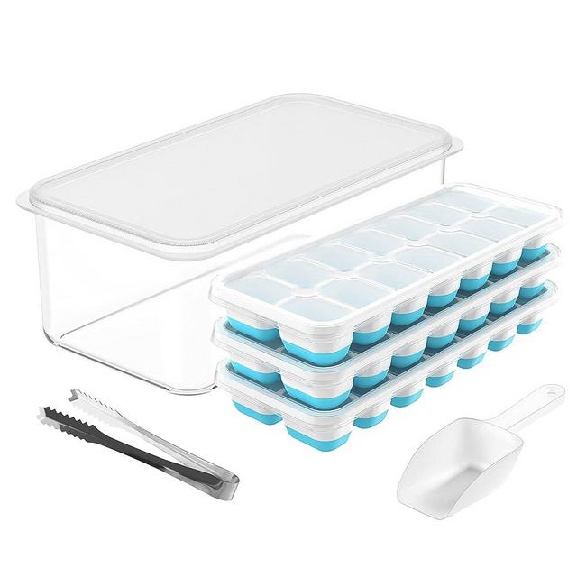 DOQAUS Ice Cube Tray with Lid and Bin, 3 Pack Silicone & Plastic Ice Cube Trays for Freezer with Ice Box, Ice Trays with Ice Container, Stackable Ice Tray with Storage Ice Bucket Bin, Ice Tong & Scoop