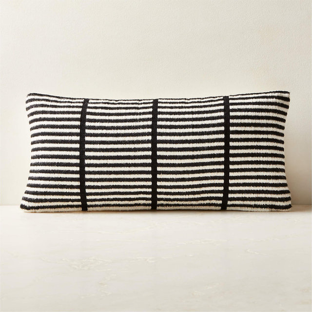 Stria Black and White Woven Silk Throw Pillow with Down-Alternative Insert 23''x11'' by Ackerman