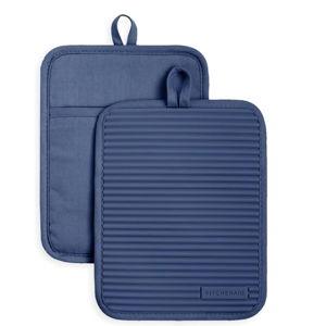 KitchenAid Ribbed Soft Silicone Pot Holder 2-Pack Set, Blue Willow, 7"x9"