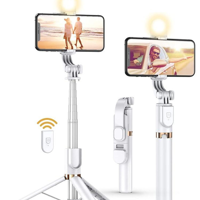 Selfie Stick Tripod with Wireless Remote, 46'' Cellphone Selfie Stick Tripod with LED Fill Light, for iPhone 16/15/14/14 pro/13/13 Pro/12/11/11 Pro/XS Max/XS/XR/X/8/7 and Android Smartphone(Upgrade)