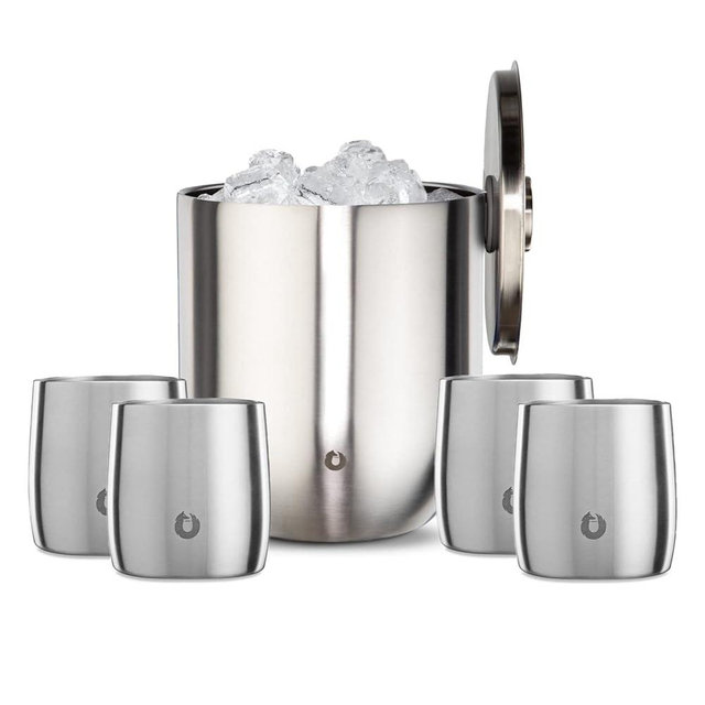 Snowfox Premium Vacuum Insulated Stainless Steel 3L Ice Bucket With Lid/Tongs and 4 Rocks Glasses Set -Home Bar Accessories -Elegant Bartending -Beautiful Outdoor Entertaining Supplies