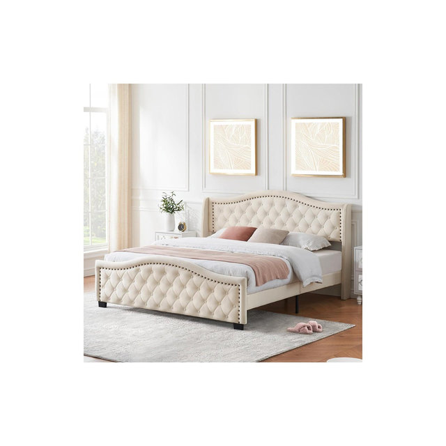 King Size Bed Frame, Upholstered Platform Bed with Wingback Tall Headboard and Button Tufted Design, Wood Slat Support, No Box Spring Needed, Beige
