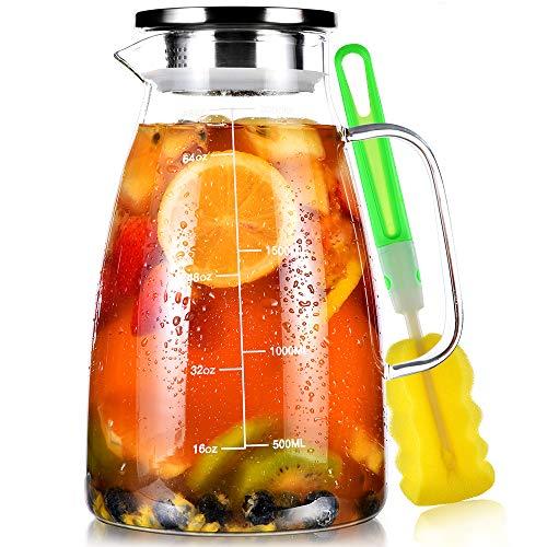 Glass Pitcher, 68oz Water Pitcher with Lid and Precise Scale Line, 18/8 Stainless Steel Iced Tea Pitcher, Easy Clean Heat Resistant Borosilicate Glass Jug for Juice, Milk, Cold or Hot Beverages