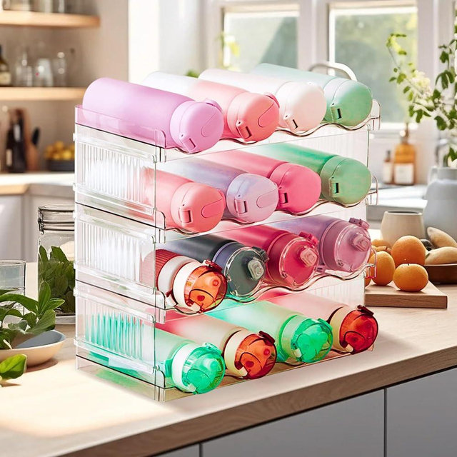 Prixure Stackable Water Bottle Organizer for Cabinet with free brush, 4 Layer Water Bottle Holder for Fridge Pantry Cabinet & Storage, Tumbler Mug Cup Organizer for kitchen Cabinets, Hold 16 Bottles