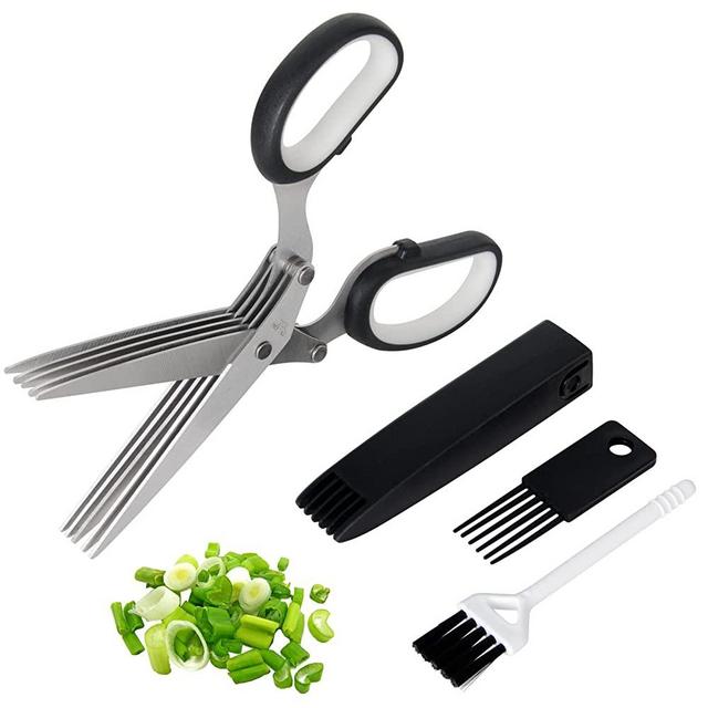 Styleonme Scissors Herb, Sharp Heavy Scissors for Cutting, Chopping and Cooking Fresh Garden Herbs, 5 Stainless Steel Blades and Covers, Vanilla Cutter Chopper Garden Kitchen Gadgets