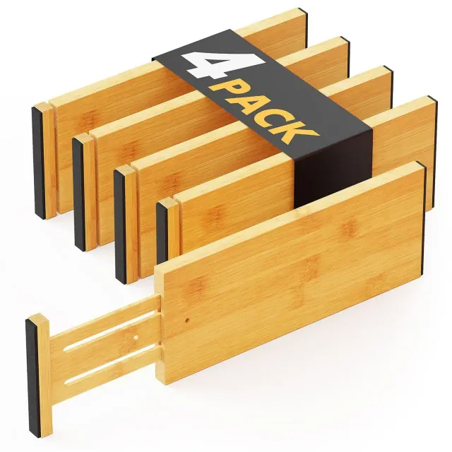 Set of 4 Bamboo Dresser Drawer Dividers: Adjustable from 12.5” to 17”，4.65 ” high Natural