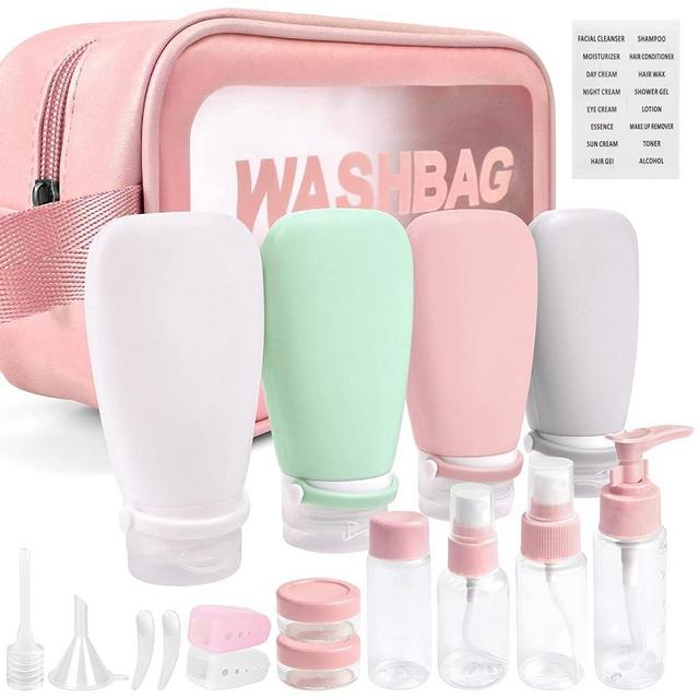 18 Pcs Travel Bottles for Toiletries Gym TSA Approved, Leak Proof with Bandage Silicone Squeezable 3oz for Toner Shampoo Conditioner Lotion Body Wash with Funnel Toothbrush cover Tag and Wash Bag