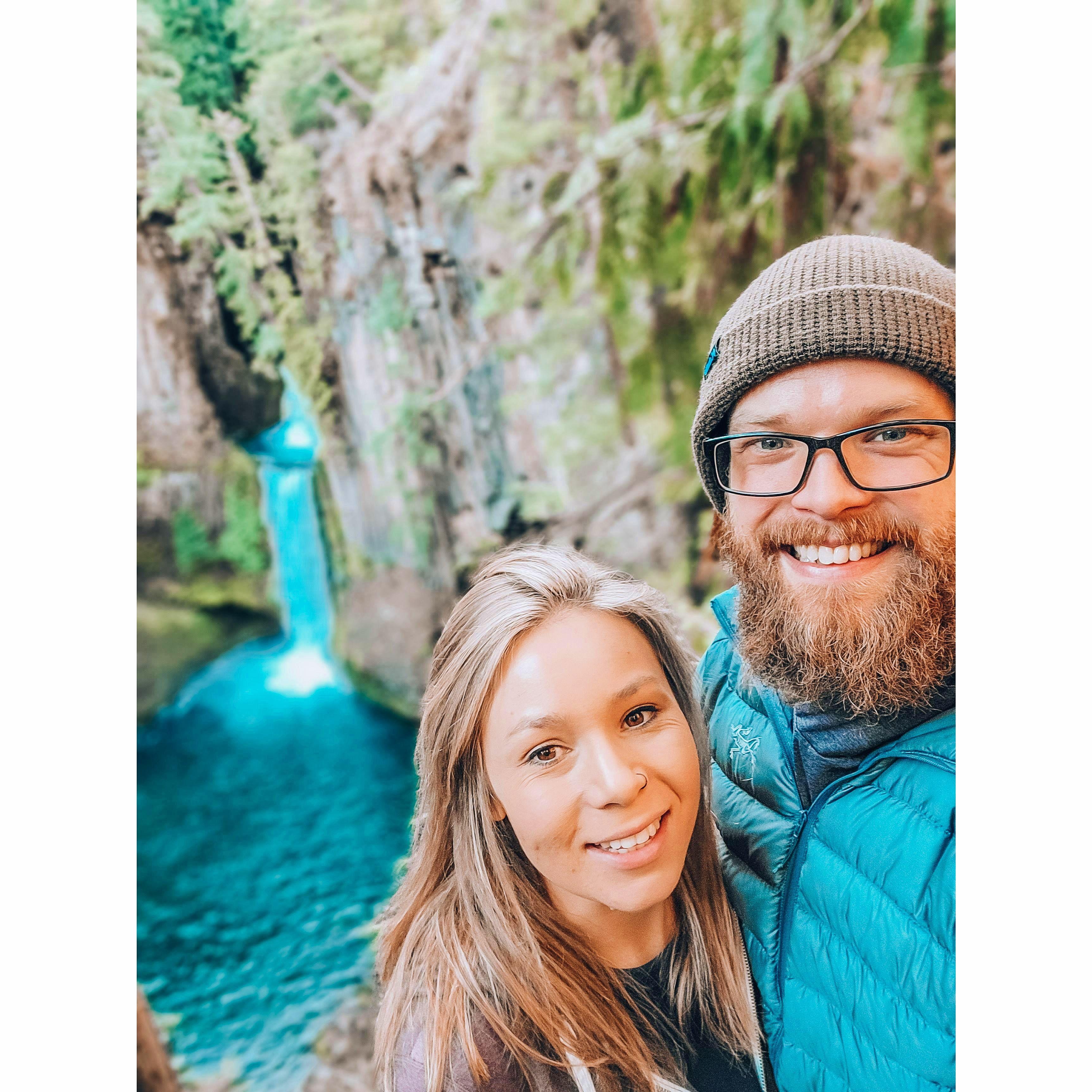 Hiking to a waterfall here in our new home state, Oregon