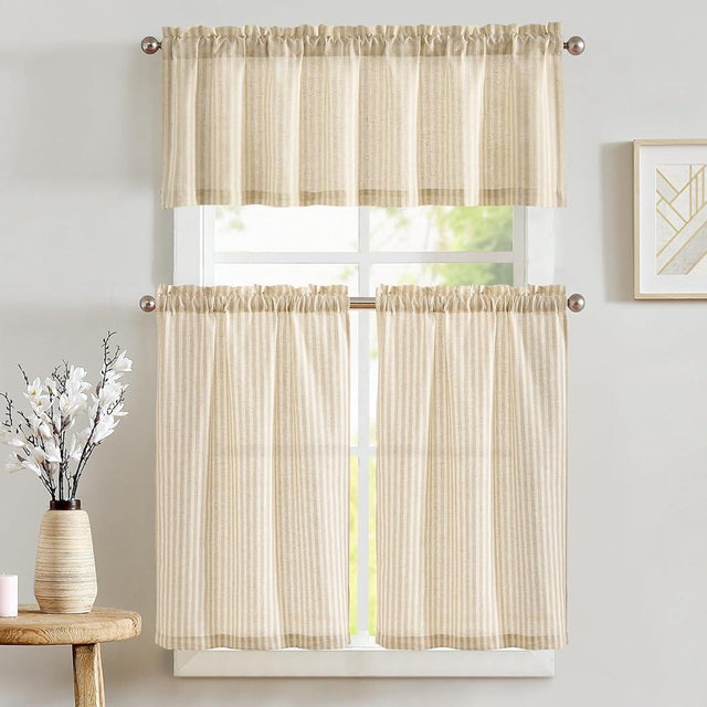 jinchan Striped Kitchen Curtains and Valance Set 24 Inch Tier Curtains Natural Ticking Stripe Linen Small Drapes Pinstripe for Cafe Living Room Bathroom Farmhouse 3 Pieces Set Rod Pocket Beige
