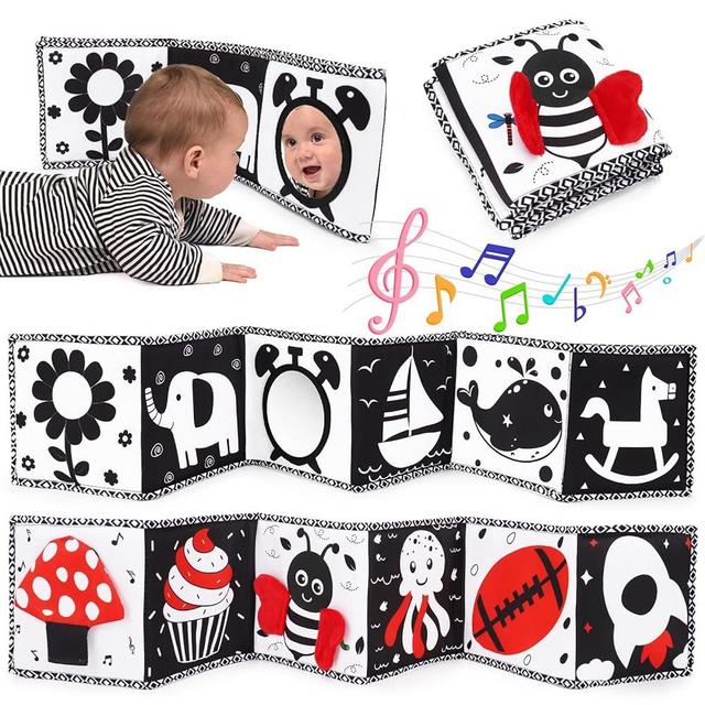 Black and White High Contrast Baby Toys 0-3-6 Months Soft Sensory Books Montessori Toys for Babies Brain Development Newborn Essentials Tummy Time Infant Toys 0 3 6 6-12 Months with Mirror Baby Gifts