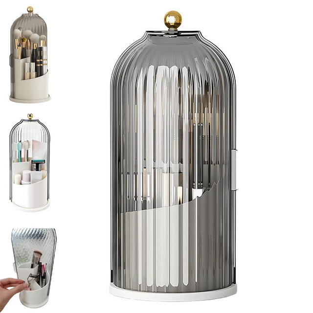 Concealed Toothbrush Holder, Rotating Bathroom Organizer Countertop, Toothbrush Organizer with Cover, Bathroom Counter Organizer with Covered Makeup Brush Holder (1pcs Grey)