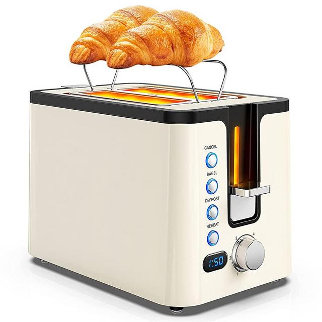 2 Slice Toasters Best Rated Prime with LED Display, Toaster 2 Slice with Heating Rack, Reheat/ Defrost/ Bagel/ Cancel, 6 Optional Browning Dials, Classic Toaster Stainless Creamy-white
