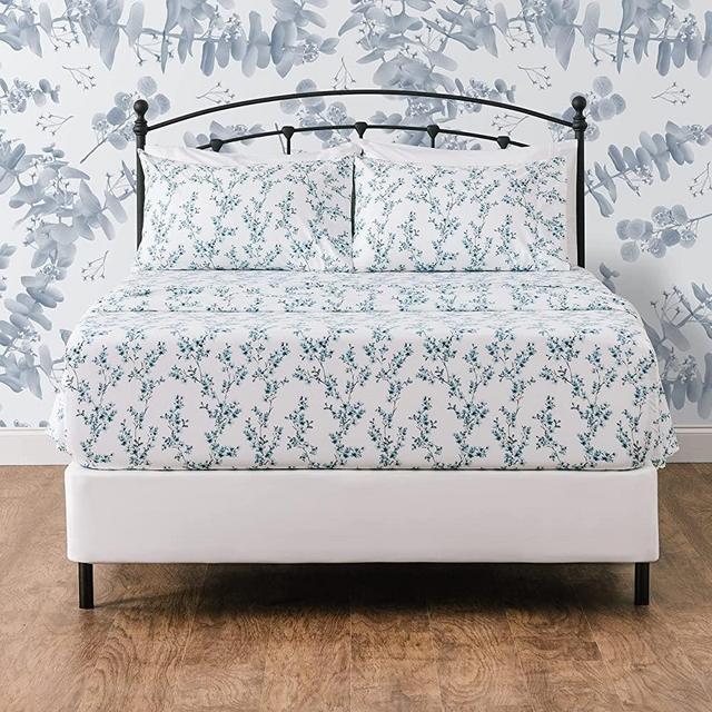 Chanasya Floral Printed King Bed Sheet Set 4-Piece - Ultra Soft Elegant Forsythia Pattern -1 Flat Sheet 1 Fitted Sheet 2 Pillowcases - Wrinkle Stain Resistant Luxurious Microfiber Sheets - Blue - King