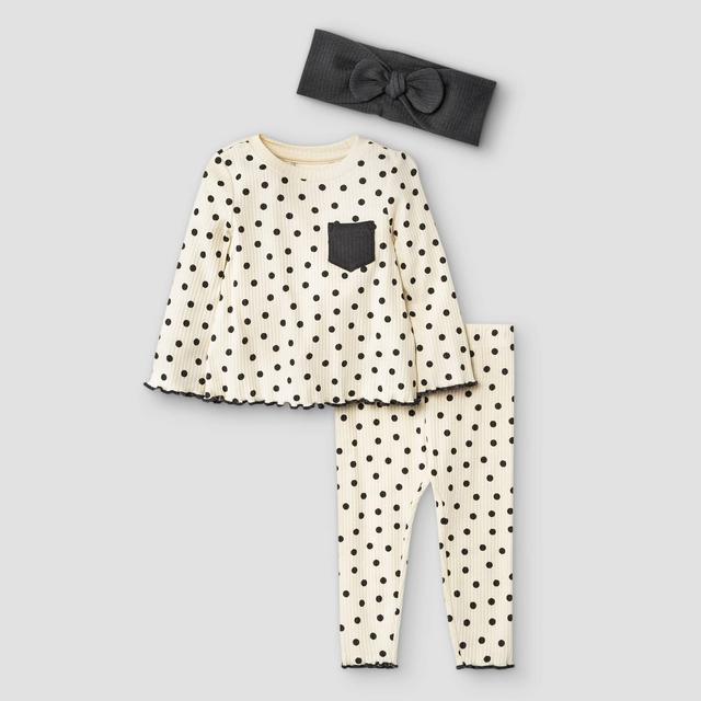Baby Girls' 3pc Polka Dot Rib Top & Bottom Set with Headband - Cat & Jack™ White 0-3M