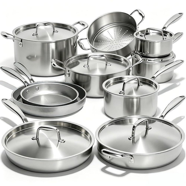Umite Chef 17Pcs 5 Ply Clad Stainless Steel Cookware Set with Lids, Heavy Duty Pots and Pans Kitchen Set, Induction-Ready, Dual Aluminum Core for Even Heat, Cool Grip Handles, Dishwasher Safe
