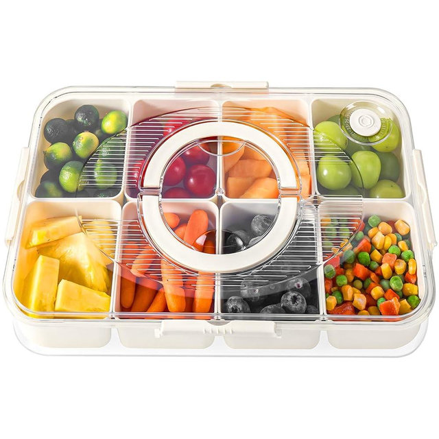 LUXEAR Divided Serving Tray with Lid and Handle Snack Box Charcuterie Container Dishwasher Safe 8 Compartment Snack Platters Portable Clear Organizer for Fruits, Candy, Snacks, Picnic, Travel