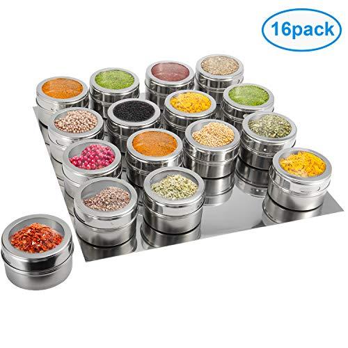 16 Magnetic Spice Jars,Ruckae Spice Containers with Metal Wall Base,Storage Containers with Clear Lid