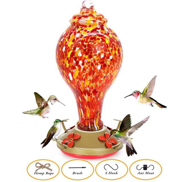 Hapito Hummingbird Feeders for Outdoors - Hand Blown Glass Hummingbird Feeder, Large 35 Ounces Capacity, Containing Ant Moat, Metal Hook, Hemp Rope and Brush